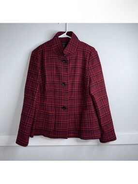 Talbots Blazer Jacket Womens Size 16WP Wool Blend Plaid Red/Black Pockets Lined